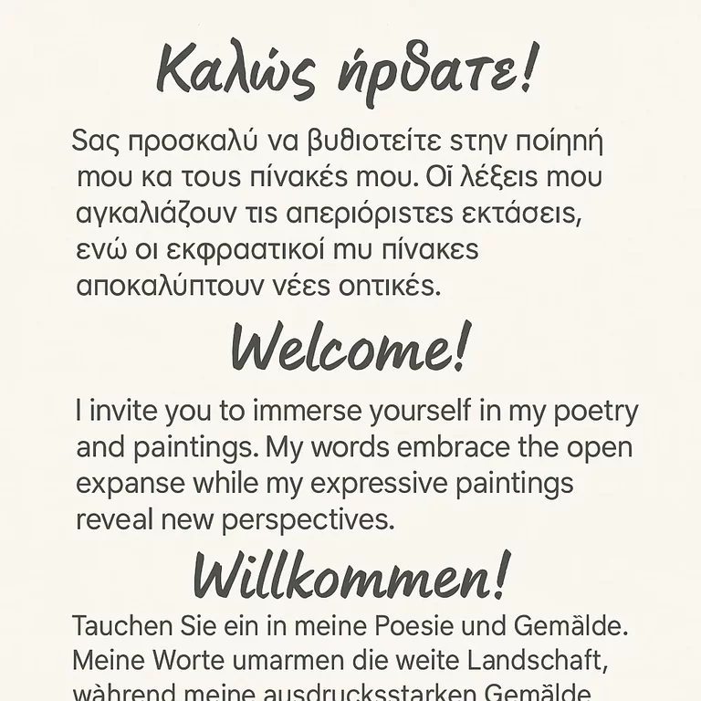 Willkommen! Tauchen Sie ein in meine Poesie und Gemälde Fotos. Meine Worte umarmen die weite Landschaft. Dieser Gruß ist geschrieben in Griechisch, Englisch und Deutsch.