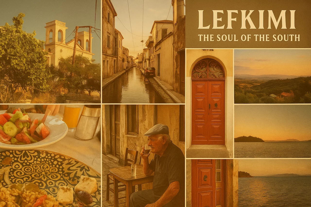 Diese Collage hat wirklich etwas von einer warmen Erinnerung – wie ein Spaziergang durch Lefkimi an einem späten Sommernachmittag, wenn das Licht gold wird und alles ein bisschen nach Meer und Geschichte duftet.