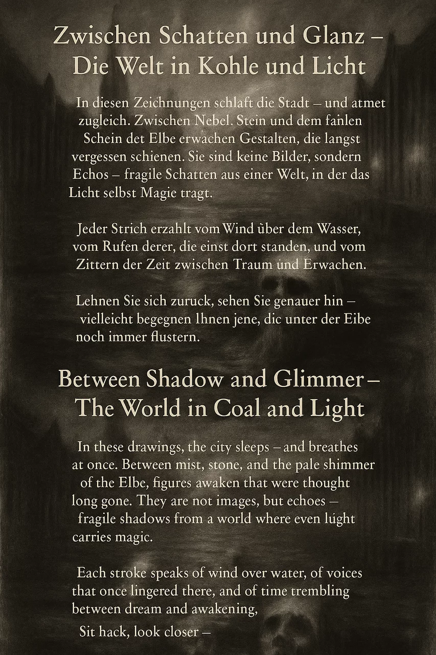 In diesen Zeichnungen schläft die Stadt – und atmet zugleich.
Zwischen Nebel, Stein und dem fahlen Schein der Elbe erwachen Gestalten,
die längst vergessen schienen.
Sie sind keine Bilder, sondern Echos –
fragile Schatten aus einer Welt,
in der das Licht selbst Magie trägt.
Jeder Strich erzählt vom Wind über dem Wasser,
vom Rufen derer, die einst dort standen,
und vom Zittern der Zeit zwischen Traum und Erwachen.
Lehnen Sie sich zurück,
sehen Sie genauer hin –
vielleicht begegnen Ihnen jene,
die unter der Elbe noch immer flüstern.
In these drawings, the city sleeps – and breathes at once.
Between mist, stone, and the pale shimmer of the Elbe,
figures awaken that were thought long gone.
They are not images, but echoes –
fragile shadows from a world
where even light carries magic.
Each stroke speaks of wind over water,
of voices that once lingered there,
and of time trembling between dream and awakening.
Sit back,
look closer –
perhaps you’ll glimpse those
who still whisper beneath the Elbe.
