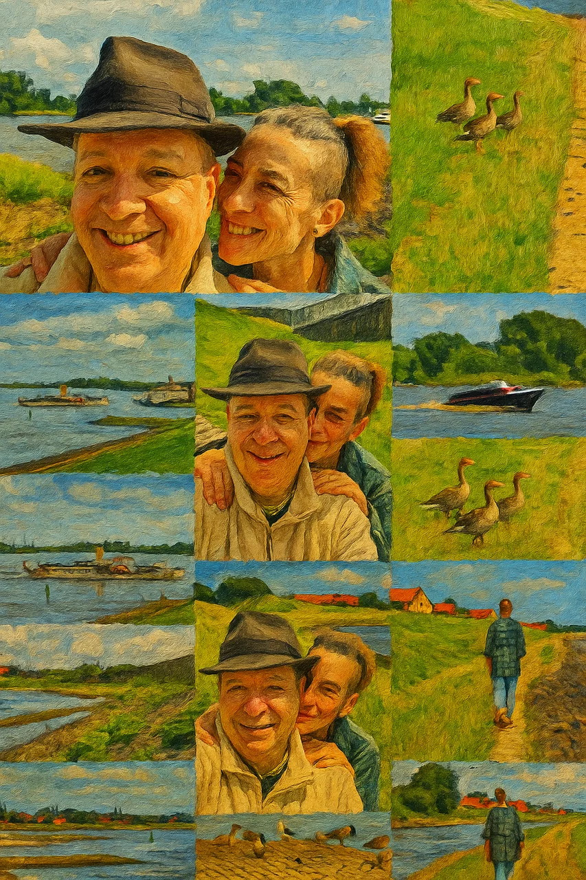 Schöne Collage an der Elbe mit meiner Frau