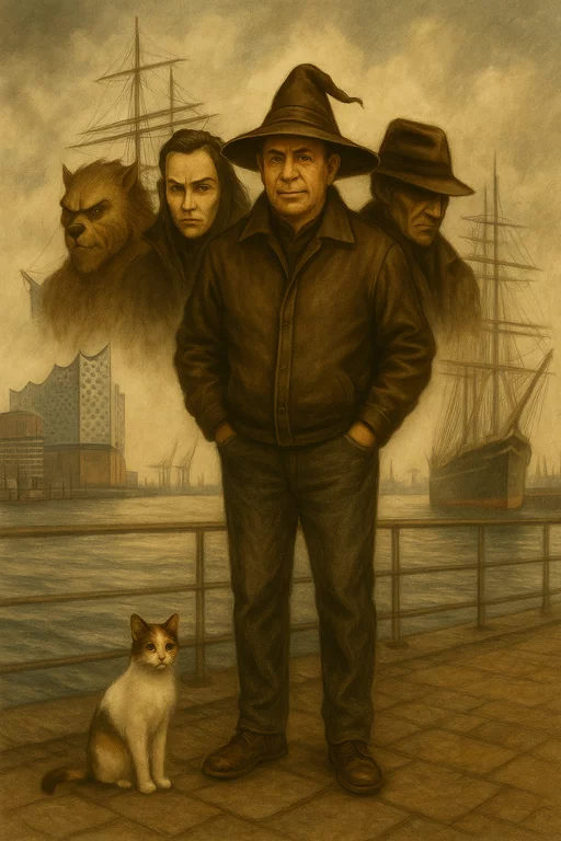 Zeichnung vom Autor und seinen Freunden im Hafen Hamburg