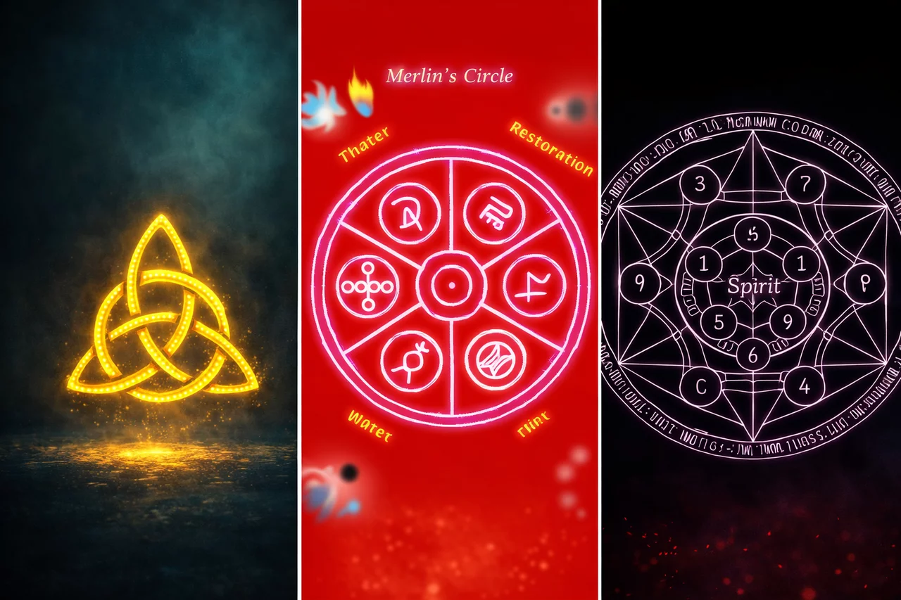 Symbole runique mystique inspiré par Merlin et le réalisme magique – motif visuel des histoires de Christos Coulouris entre le mythe et le monde moderne.