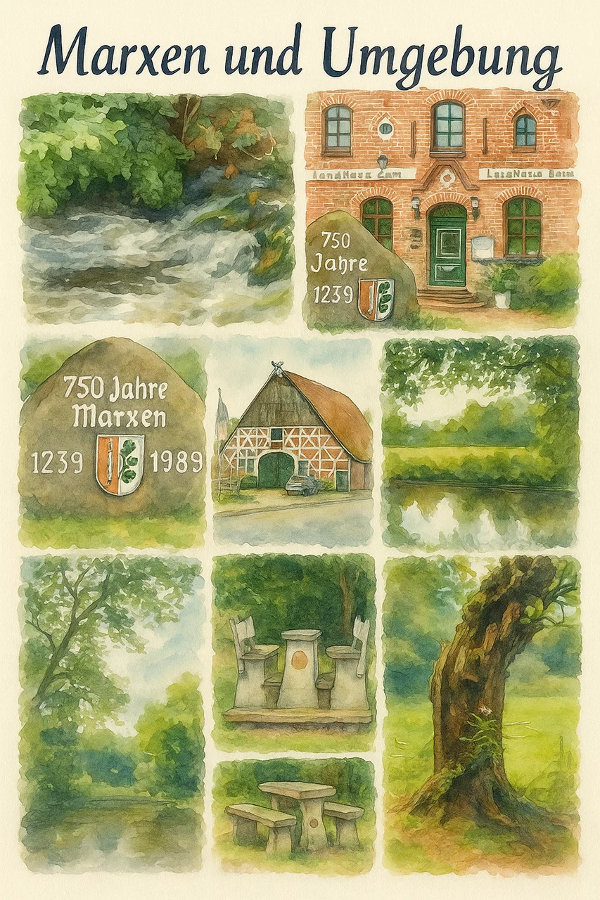 Die Harmonie von Landschaft und Bauten kann der Besucher nicht nur auf Marxens zentralem Platz bewundern. Der Waldfriedhof mit seiner Reetdach-Friedhofskapelle sucht seinesgleichen, und wer am Friedhof weiterläuft, gelangt in das ortsnahe Waldgebiet um den Süldsberg. Foto Collage