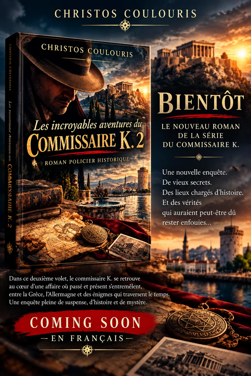 Les incroyables aventures du Commissaire K. 2
Bientôt disponible en français
Une nouvelle enquête. De vieux secrets. Et un passé qui refuse de rester enterré.
Dans ce deuxième volet des aventures du Commissaire K., le passé et le présent s’entremêlent dans une nouvelle affaire pleine de mystères.
Entre la Grèce et l’Allemagne, des lieux chargés d’histoire, des traces oubliées et d’étranges indices entraînent le commissaire dans une enquête où chaque réponse semble faire naître une nouvelle question.
Mais avec le Commissaire K., une enquête ne suit jamais tout à fait le chemin prévu…
Car derrière le suspense, l’Histoire et les secrets se cache également cet univers particulier où le sérieux peut soudain rencontrer l’absurde, où les dialogues prennent parfois des chemins inattendus et où même les situations les plus mystérieuses peuvent réserver un sourire.
Les incroyables aventures du Commissaire K. 2 mêle enquête, histoire, mystère et humour dans une aventure qui traverse les frontières et les époques.
La version française est actuellement en préparation.
Et certaines énigmes sont peut-être plus proches de nous que nous ne le pensons…
🇫🇷 Bientôt disponible en français.
Un roman de Christos Coulouris