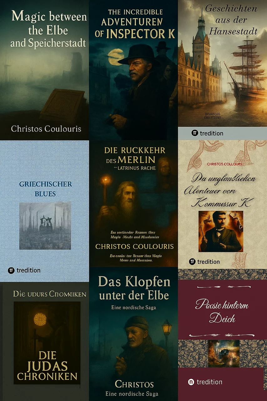 Geschichten, die bleiben

Tauche ein in die Welten von Christos Coulouris – zwischen Norddeutschland und Mythos, zwischen Realität und Geheimnis.

In seinen Romanen verschmelzen Geschichte, Fantasie und nordisches Lebensgefühl zu Erzählungen voller Atmosphäre und Tiefe.
Ob in „Das Klopfen unter der Elbe“, „Die Judas Chroniken“, „Die unglaublichen Abenteuer von Kommissar K“, „Die Rückkehr des Merlin“ oder „Griechischer Blues“ – Coulouris entführt dich an Orte, die du zu kennen glaubst, und öffnet Türen in Welten, die du nie vergessen wirst.

Seine Bücher erzählen vom Meer, von alten Legenden, vom Menschlichen im Geheimnisvollen – mit Herz, Humor und einem Hauch Magie.

📚 Alle Bücher von Christos Coulouris
Erhältlich bei allen Buchhändlern und direkt beim Tradition Buchverlag.