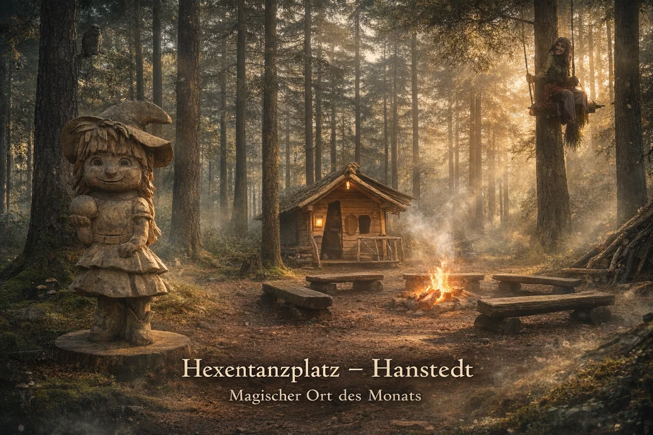 Foto vom Hexentanzplatz in Hanstedt. Anfang des 20. Jahrhunderts, zur Zeit der Wandervogelbewegung, zog es viele Städter hinaus in die Natur. Sie suchten Freiheit, Gemeinschaft und Ursprünglichkeit. Auch auf den Höhen rechts und links des idyllischen Faßenbeks bei Hanstedt versammelten sie sich, turnten, tanzten barfuß, lebten Körperkultur und errichteten kleine Wochenendunterkünfte.