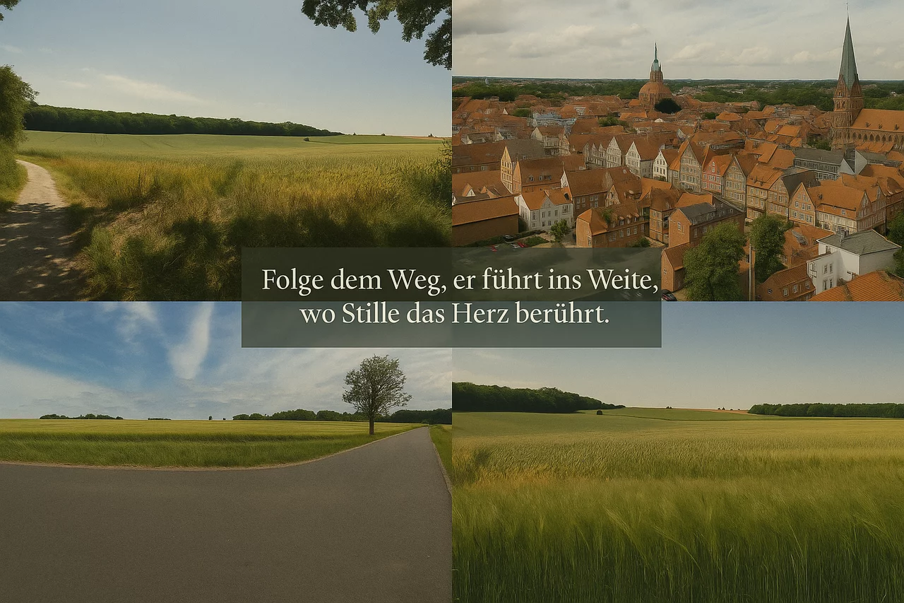 Foto Collage mit Landschaftsaufnahmen von Lüneburg, Seevetal und Buchholz. Folge dem Weg, er führt ins Weite, wo Stille das Herz berührt.