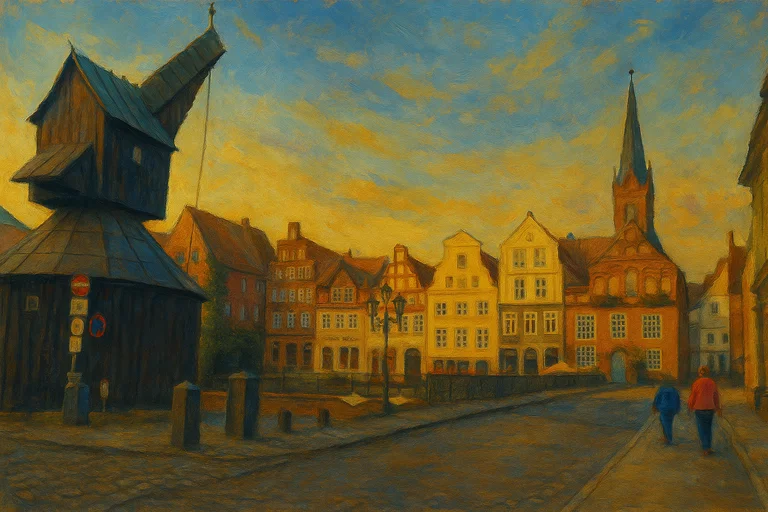 Der "Alte Kran" in Lüneburg ist ein historischer Hafenkran aus dem Jahr 1797 und gilt als Wahrzeichen der Stadt. Er befindet sich am ehemaligen Ilmenau-Hafen, heute Teil des Wasserviertels, und diente einst zum Be- und Entladen von Schiffen. Heute ist er ein beliebtes Fotomotiv und kann im Rahmen von Stadtführungen besichtigt werden. 
Acryl