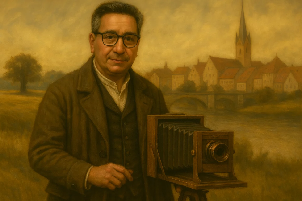 Ich als Fotograf mit einer alten Balgenkamera, in zeitloser Kleidung, vor einem stimmungsvollen europäischen Hintergrund. Perfekt für deine Fotogalerie „Augenblicke der Ewigkeit“.