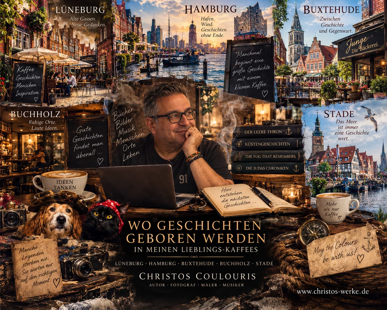 Bienvenue dans mon univers
Il existe des portes que l’on ouvre par curiosité…
et que l’on ne referme jamais tout à fait.
Bienvenue chez Christos-Werke.
Je m’appelle Christos Coulouris. J’écris des histoires qui voyagent entre les époques, les villes, les légendes et l’imaginaire.
Mes récits vous emmènent dans les brumes de Hambourg, entre l’Elbe et la Speicherstadt, dans les ruelles de Lunebourg, au bord de la mer du Nord, mais aussi bien plus loin — là où l’Histoire commence parfois à se confondre avec la légende.
Vous y rencontrerez des personnages étranges, des commissaires, des marins, des chevaliers, des êtres venus d’un autre temps… et parfois des créatures dont je ne sais moi-même plus très bien si je les ai inventées ou si elles attendaient simplement que quelqu’un raconte leur histoire. 😉
Mais Christos-Werke, ce ne sont pas seulement des livres.