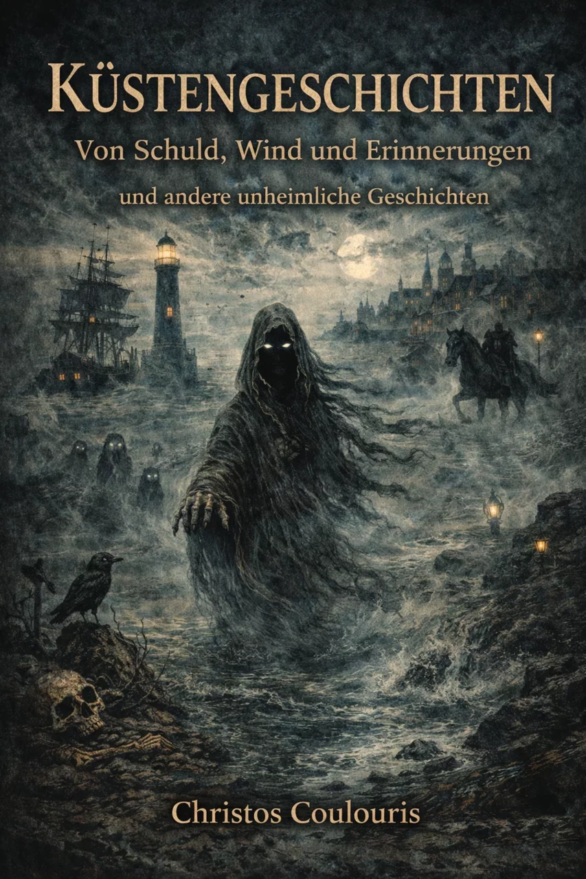Cover des Buches Küstengeschichten von Christos Coulouris – eine dunkle, neblige Küstenlandschaft mit Leuchtturm, Schattenfiguren und unheimlicher Atmosphäre aus Hamburg