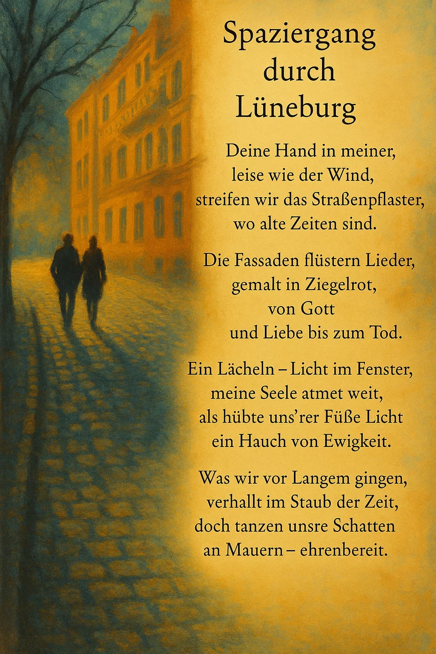 Spaziergang durch Lüneburg 
Deine Hand in meiner, leise wie der Wind, streifen wir das Straßenpflaster, wo alte Zeiten sind. Die Fassaden flüstern Lieder, gemalt in Ziegelrot, von Gott und Liebe bis zum Tod. Ein Lächeln- Licht im Fenster, meine Seele atmet weit, als hübte uns ´rer Füße Licht ein Hauch von Ewigkeit. Was wir vor Langem gingen, verhallt im Staub der Zeit, doch tanzen unsere Schatten an Mauern- ehrenbereit.