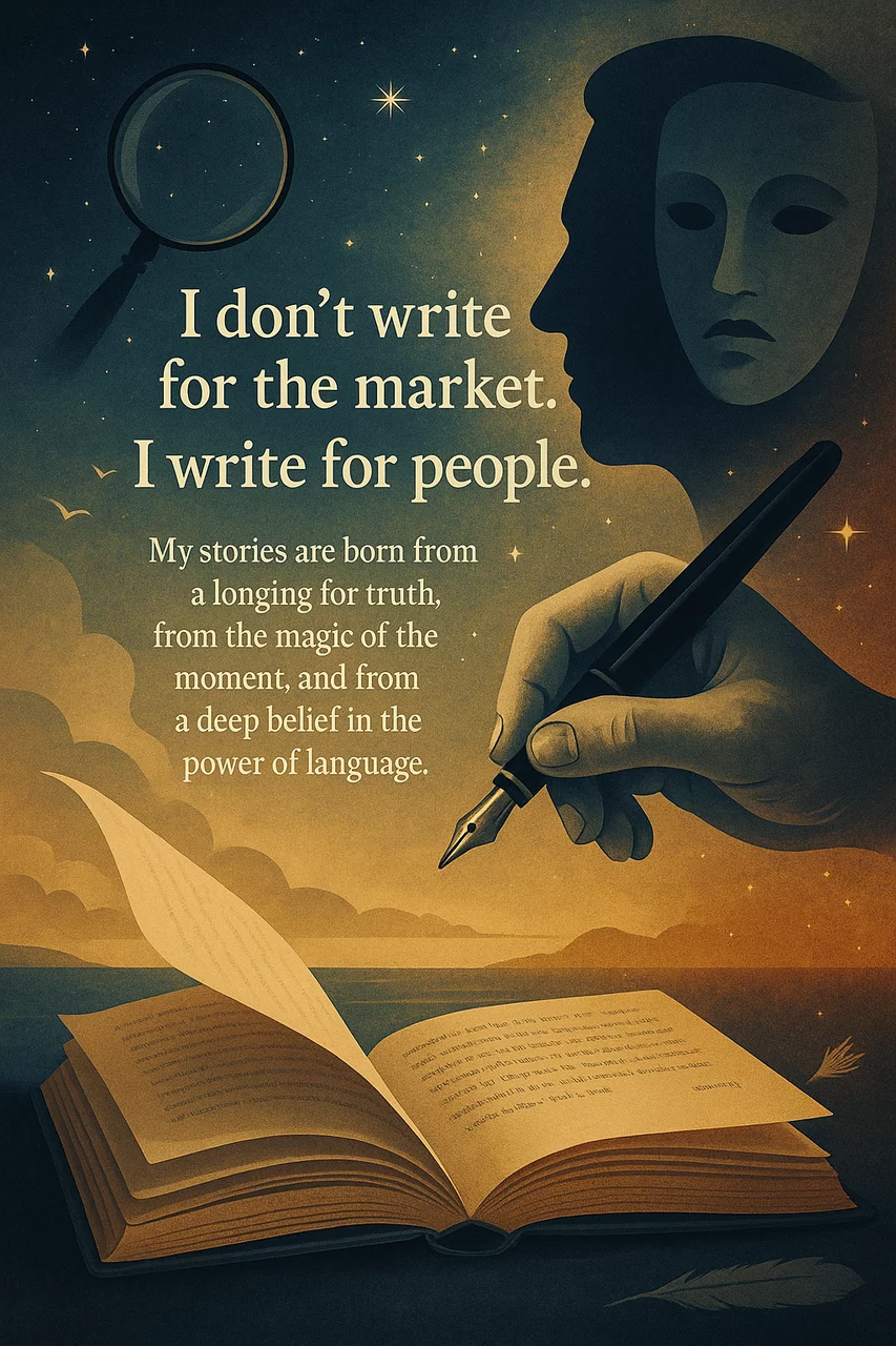 Eine Künstlerische Collage mit dem Hinweis Ich schreibe nicht für den Markt, sondern für die Menschen dem Leser!