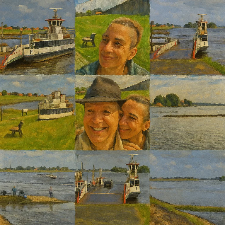 Schöne Collage an der Elbe mit meiner Frau