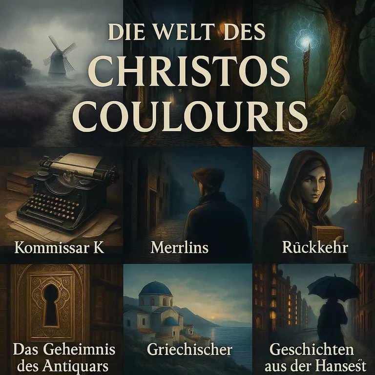 Collage Die Welt des Christos Coulouris Kommissar K, Merlins Rückkehr, Griechischer Blues, Geschichten aus der Hansestadt, Das Geheimnis des Antiquars.