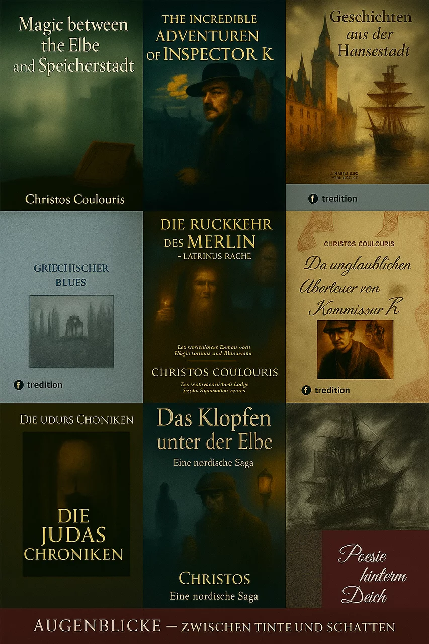 Zwischen den alten Mauern der Speicherstadt,
im Nebel über der Elbe,
erwachen die Stimmen vergangener Bücher.

Die Tinte trocknet nie ganz.
Und manchmal – wenn die Stadt schweigt –
hört man das Klopfen jener Geschichten,
die noch geschrieben werden wollen.

Ein Blick zurück. Ein Schritt nach vorn.

Christos Coulouris – Augenblicke.

Was schon da ist. Was noch kommt.