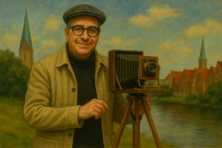 Ich dich als zeitlosen Fotografen mit klassischem Balgenapparat, vor einem sanft gemalten europäischen Stadt- und Landschaftshintergrund. Perfekt als Titelbild deiner Fotogalerie „Augenblicke der Ewigkeit“.