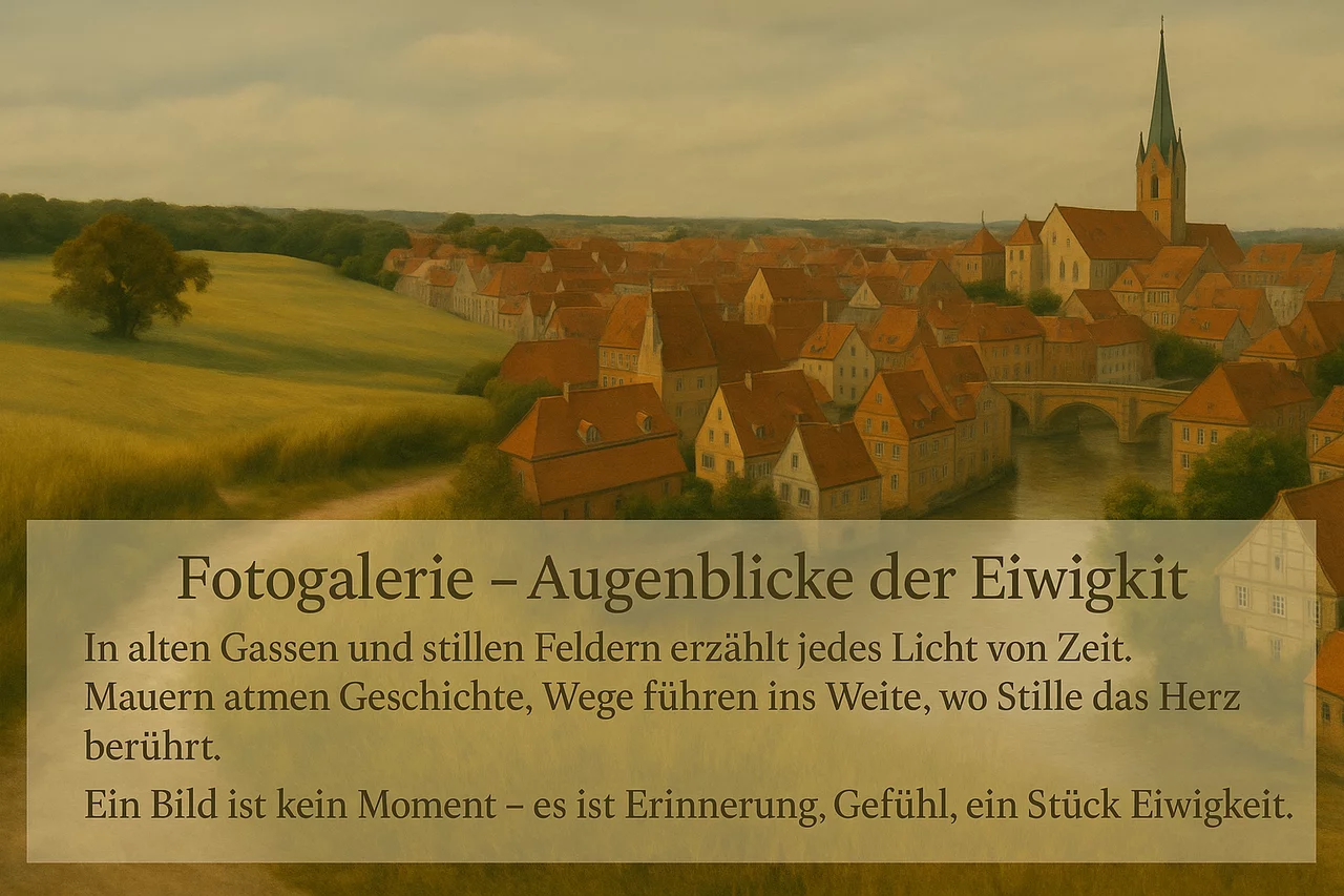 Fotogalerie – Augenblicke der Ewigkeit

In alten Gassen und stillen Feldern erzählt jedes Licht von Zeit.
Mauern atmen Geschichte, Wege führen ins Weite,
wo Stille das Herz berührt.

Ein Bild ist kein Moment –
es ist Erinnerung, Gefühl, ein Stück Ewigkeit.