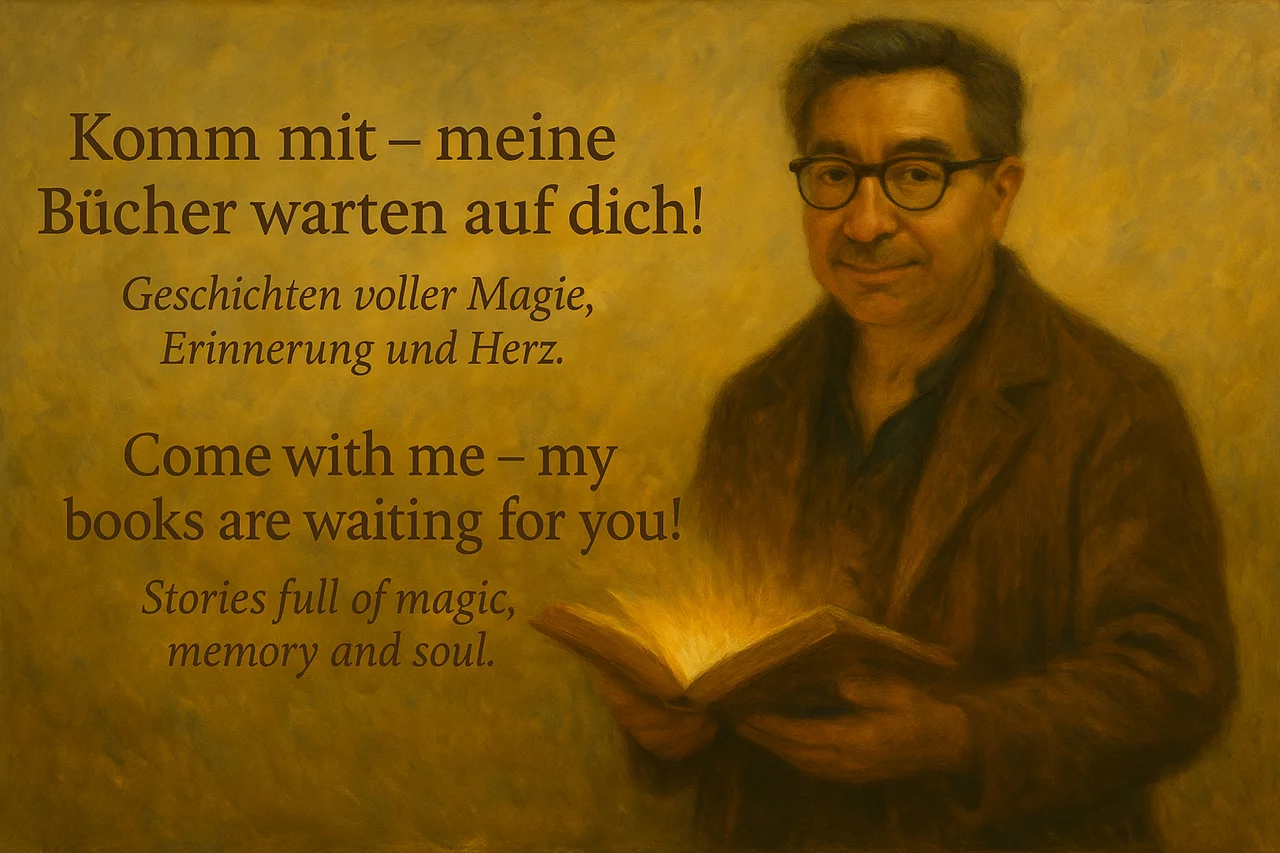 Text auf dem Bild:

Komm mit – meine Bücher warten auf dich!
Geschichten voller Magie, Erinnerung und Herz.

Come with me – my books are waiting for you!
Stories full of magic, memory and soul.