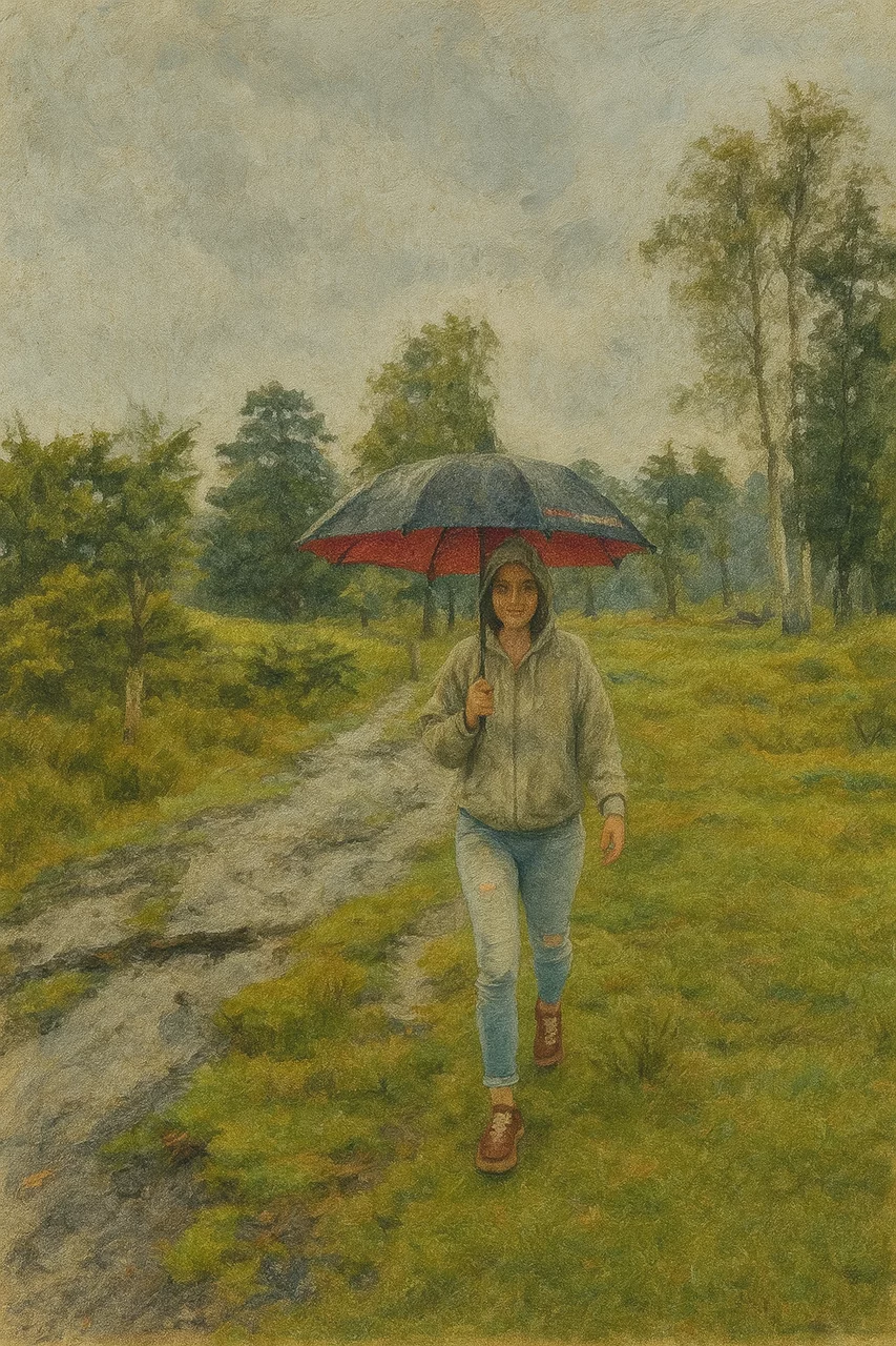 Meine Frau im Regen Landschaft Heide in Acryl